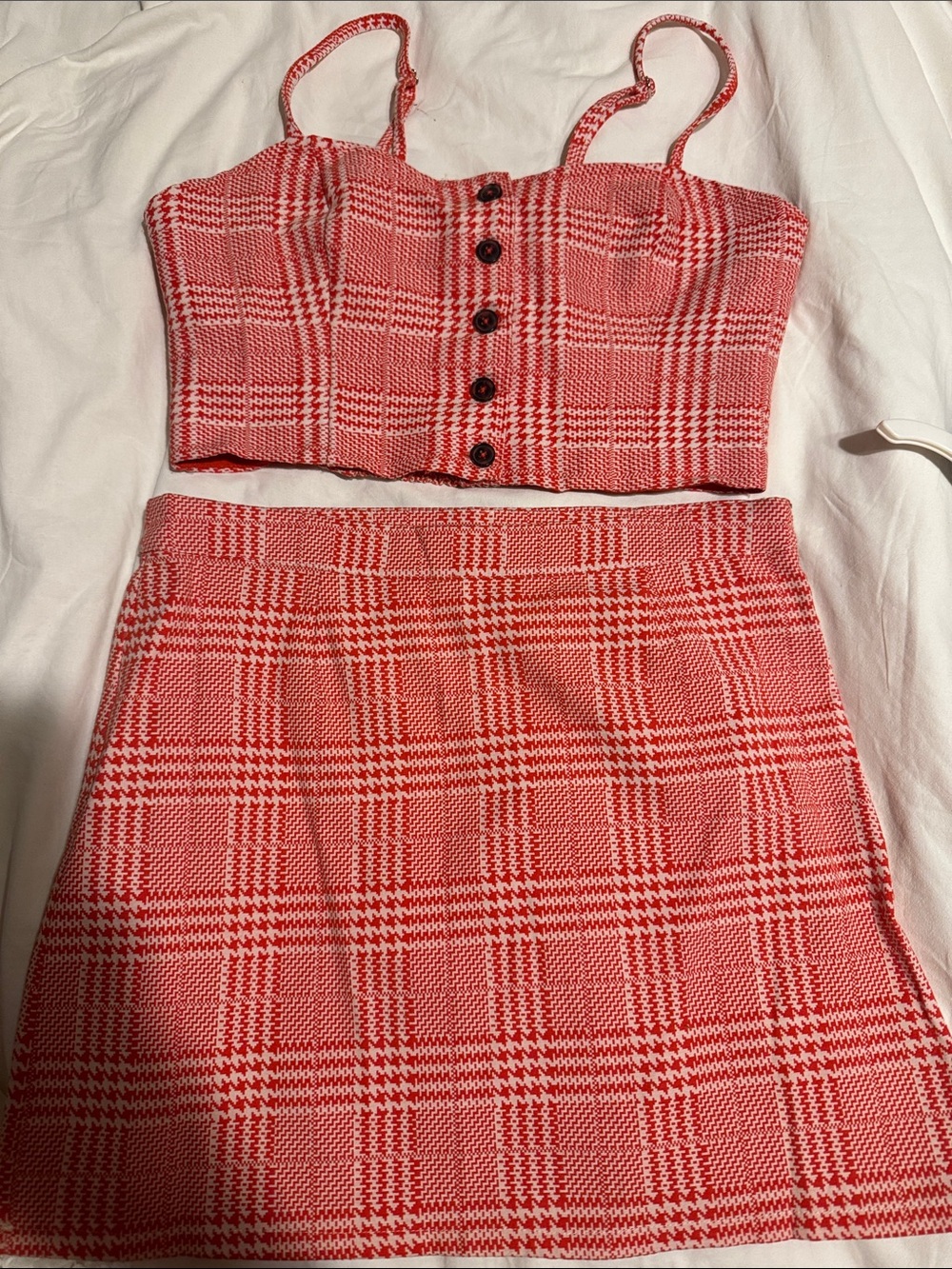 Forever21 Pink/Red Plaid Knit Mini Skirt Set - Women